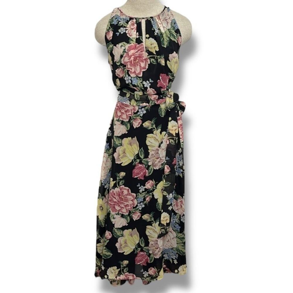 Tahari Women's Size 12 Large Floral Sleeveless Belted Maxi Dress Black and Pink